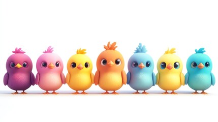 Obraz premium Seven colorful cartoon chicks in a line against a white background.