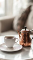 Copper pot and white cup showcase traditional Bosnian coffee culture in a serene environment