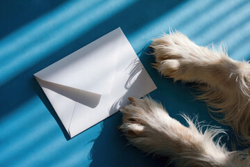 Minimalist white envelope on vibrant blue background with golden dog paws and soft shadows creating a cozy, playful, and elegant visual design