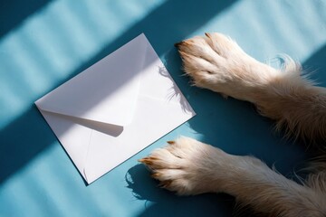 Blank white envelope on bright blue surface with golden dog paws and soft lighting adding warmth and subtle shadows for a cozy minimalist feel