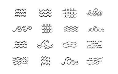 Doodle sea wave icons. Sea hand drawn storm scribble icons set, simple wavy lines. Ocean water flow curve sketch. Aqua doodle symbols. isolated on white background.