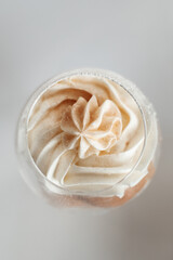 Tiramisu cake in glass jars. Traditional italian layered dessert in glasses. Closeup view. stock photo