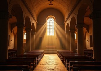 Sunlight streams through a window in a quiet chapel creating a serene atmosphere