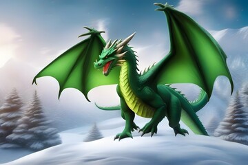 Fototapeta premium A majestic green dragon with vast wings stands proudly against a snowy landscape beneath a clear blue sky