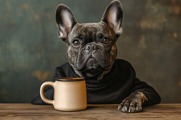 Serious Frenchie taking a coffee break with black shirt and hot mug.