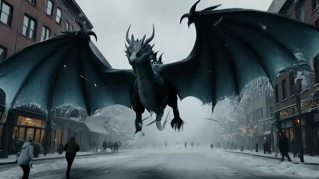Dragon Flying in a City Street