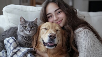 Smiling girl with animals in peaceful embrace.
