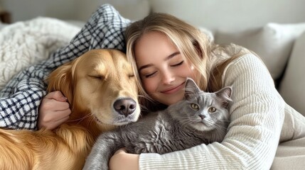 Woman, dog, and cat cuddling during a cozy moment.