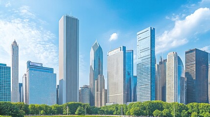 Fototapeta premium A skyline view of modern skyscrapers against a clear blue sky with green park foreground.