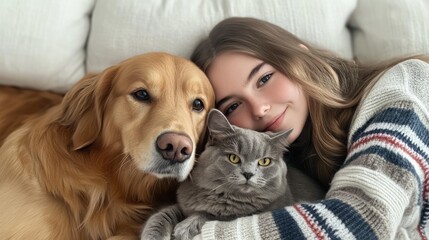 Girl cuddles with golden retriever and gray cat.