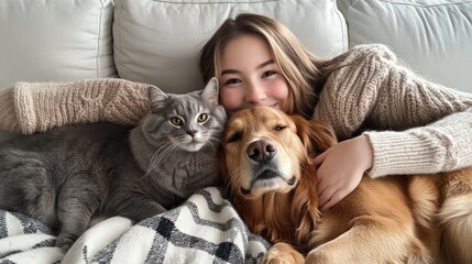 Girl with cat and dog relaxing on cozy white couch.