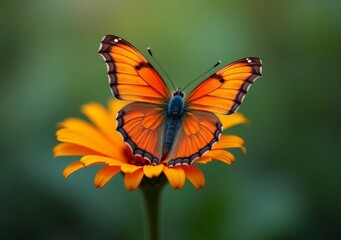 Fototapeta premium Orange butterfly resting on a green background surrounded by soft light