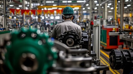 Fototapeta premium A Worker on an Assembly Line in a Manufacturing Factory