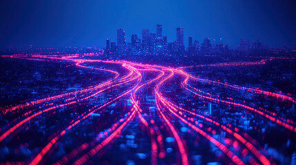 City skyline illuminated by glowing traffic streams during nightscape photography. Generative AI