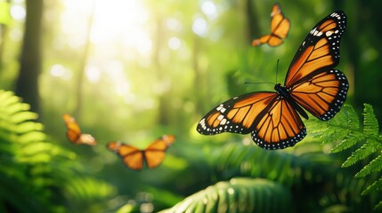 Obraz premium Monarch butterflies in lush forest nature photography close-up view