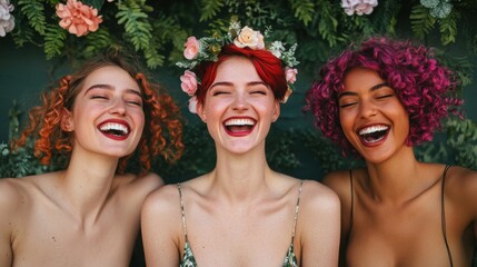Obraz premium Joyful women laughing together in floral setting outdoor portrait