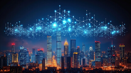 Digital connectivity above a modern city skyline illuminated at night with vibrant lights and a cloud of network connections. Generative AI