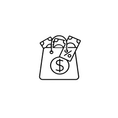 A vector-style icon of a shopping bag with a price tag. The shopping bag is filled with dollar bills, symbolizing the Cyber Monday sales. There is a discount percentage sign on the price tag. 