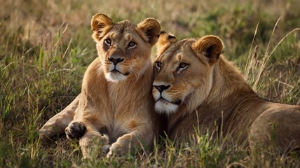 Fototapeta premium A lion at sunset in the savanna, with a pride