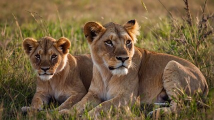 Naklejka premium A lion at sunset in the savanna, with a pride