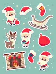 Christmas sticker pack with cute santa claus, reindeer, sleigh, fireplace and accessories. Vector illustration.