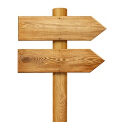 Fototapeta premium Wooden signpost isolated on a white background, showcasing its natural texture and grain.