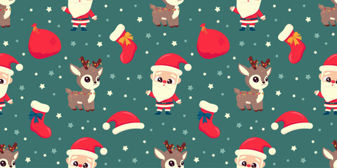 Christmas seamless pattern with cute santa, reindeer and accessories. Festive vector illustration.