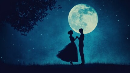 Obraz premium Silhouette of couple dancing under moonlight