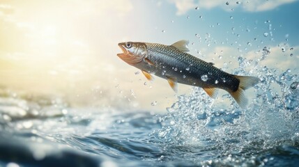 Fototapeta premium Silver fish leaping out of water under bright sky