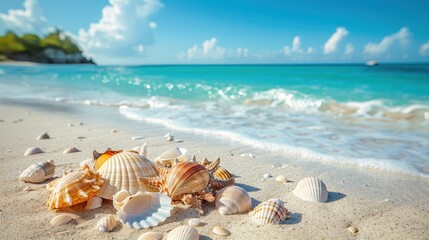Obraz premium Beautiful Tropical Beach with Turquoise Waters and Exquisite Seashells on the Sandy Shoreline