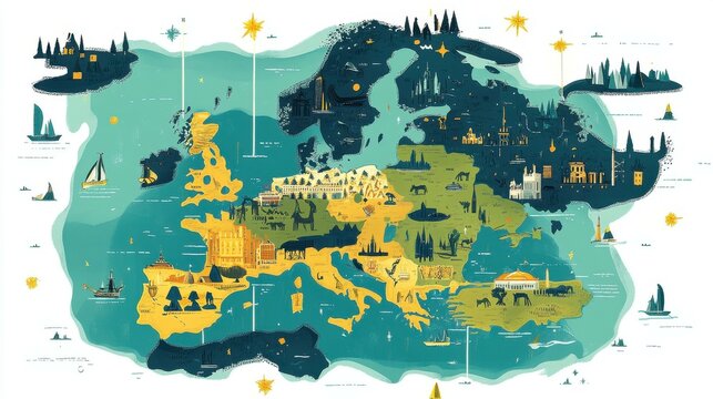 Simplified Europe map with key landmarks marked