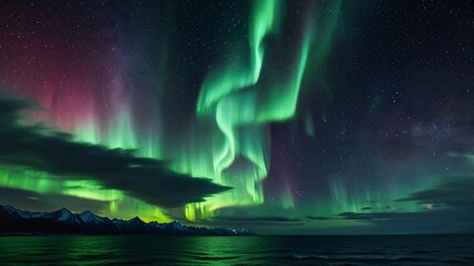 Obraz premium Majestic Aurora Borealis Over Snow-Capped Mountains and Fjord with Vibrant Green & Purple Lights V1