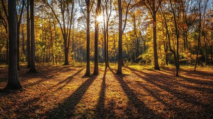 Fototapeta premium Soft sunlight filtering through trees, casting long shadows over autumn landscape