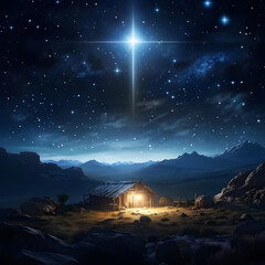 Christmas light, poor manger with straw, birth of Jesus Christ, biblical theme, Christmas nativity scene focus