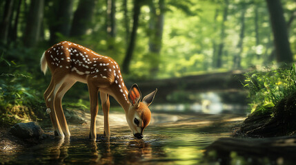 A baby deer drinking from a stream in the forest, learning to trust its surroundings.