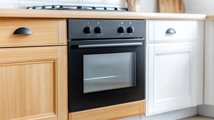 Fototapeta premium Modern kitchen design featuring a sleek black oven and elegant white cabinets with wooden accents