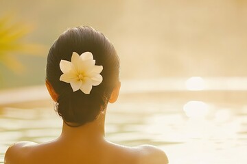 Back view of woman in water with white flower in hair.