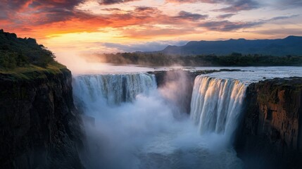 Fototapeta premium Majestic waterfall at sunset natural landscape scenic view serenity