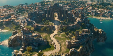 Fototapeta premium Aerial view of an ancient, ruined structure surrounded by water and greenery.
