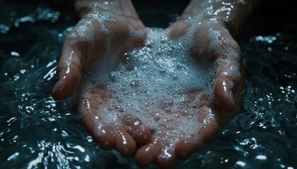 A pair of hands cupping bubbles and water, symbolizing purity and connection to nature.