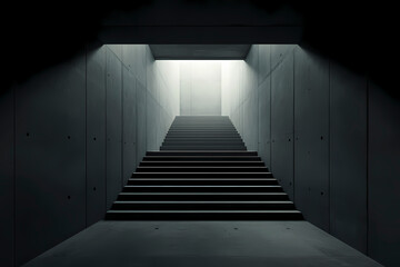 An inviting staircase emerges from the shadows, bathed in soft light, symbolizing hope and the journey towards a brighter future set in a minimalist architectural environment.