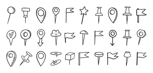 Pins hand drawn doodle set. Pin line drawing style for planner or map. Pins variable icons
