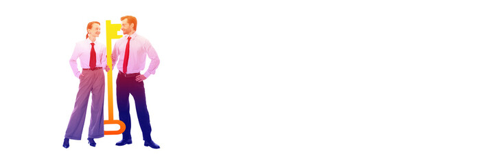 Contemporary art collage. Businessmen standing confidently with golden key, symbolizing unity and shared vision for success. Concept of unity and shared determination to unlock success.