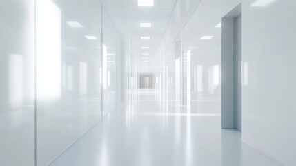 A modern, minimalistic corridor with bright lighting and clean surfaces.