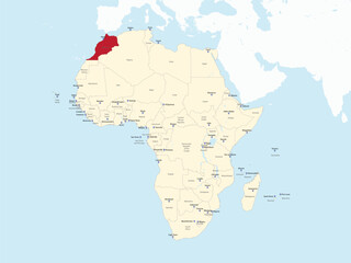 Vector illustration of the detailed national location map of MOROCCO within the great continent of Africa