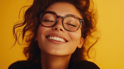 Fototapeta premium Smiling woman with glasses against yellow background