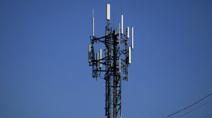A city's 5G tower provides fast wireless internet.  It uses mobile network technology and connects to satellites for a strong signal.