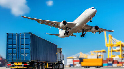 A large cargo plane is flying over a busy port with a large truck on the ground