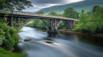 Fototapeta premium A serene river scene featuring a wooden bridge surrounded by lush greenery and mountains.