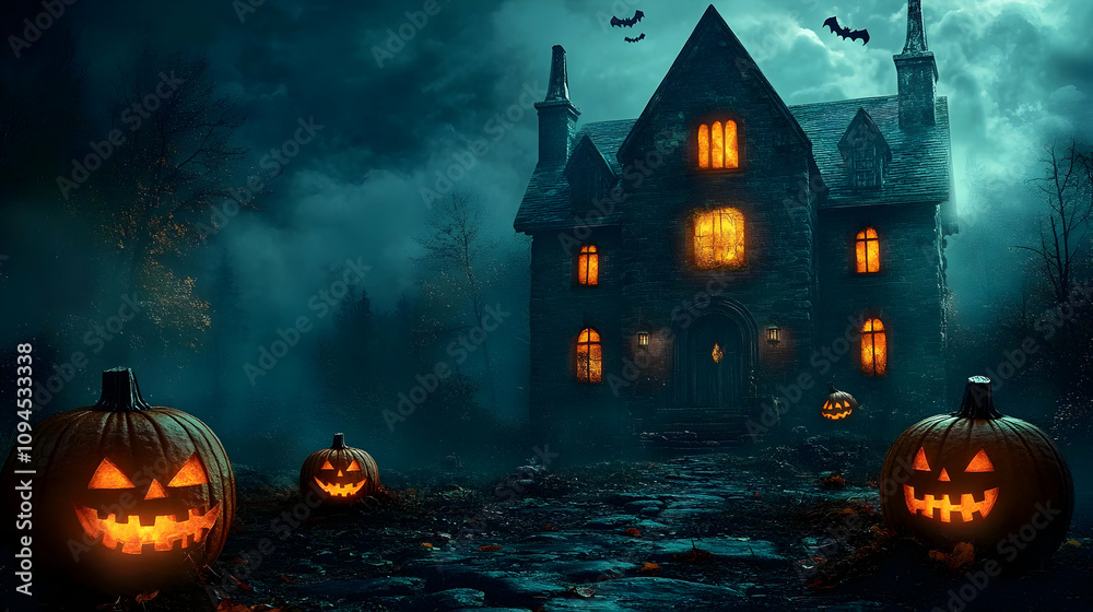 Wall mural Halloween Digital Art: Glowing Jack-o'-lanterns Illuminate a Mysterious Stone House on a Dark, Foggy Night.